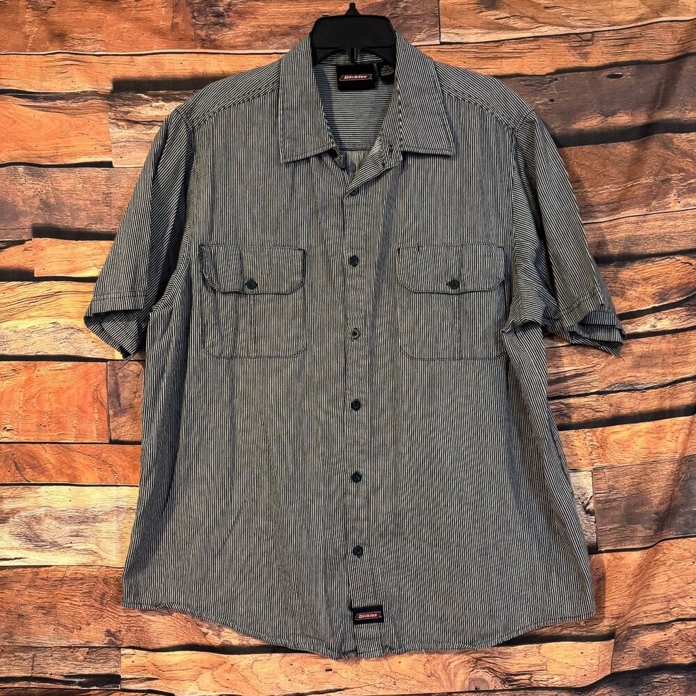 Dickies Casual Button-Up Shirt Men's 3XL Blue White Striped Cotton Workwear